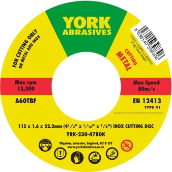 Image of York - 115 X 1.6 X 22MM A 60 T-BF Inox Thin Reinforced Flat Cutting Dis- you get 5