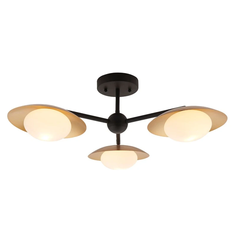 Image of Loops Gold & Bronze Semi Flush 3 Bulb Ceiling Light - Pebble Shaped Opal Glass Shades Clear