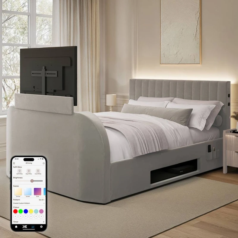 Image of X Rocker Maisie 5.1 Ottoman TV Lift Bed, Surround Sound & App Controlled LED in Grey Size: Double Grey Unisex Double
