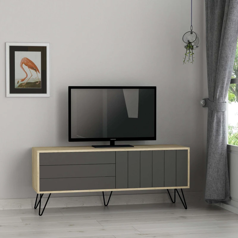 Image of DECORTIE Picadilly Modern tv Stand Multimedia Centre tv Unit With Storage Cabinet 139cm - Oak / Anthracite Grey - Anthracite Grey - Decortie M.TV.1865