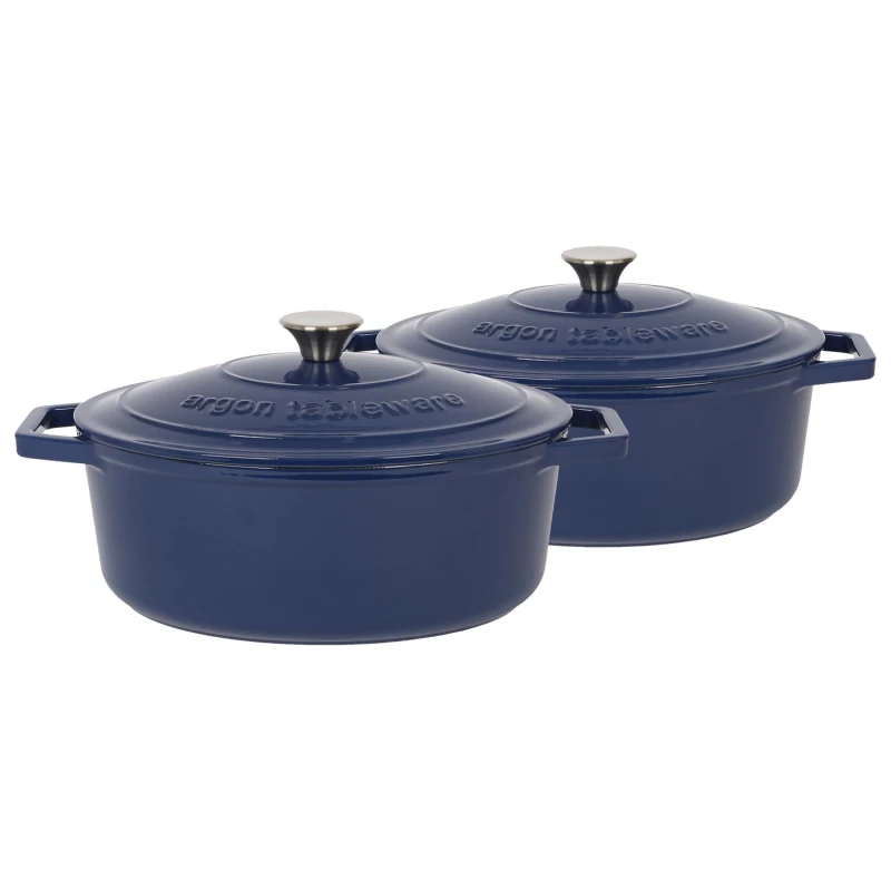 Image of Argon Tableware 2x Oval Cast Iron Casserole Dishes with Self Basting Lid - 4.68L in Blue Blue Unisex
