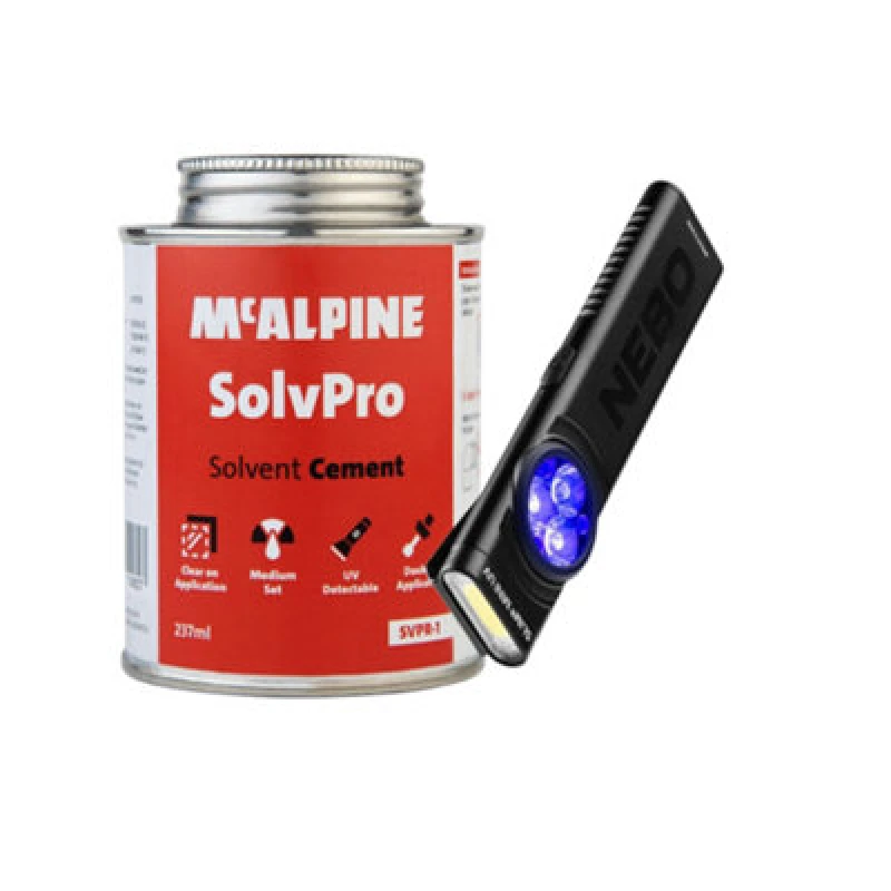 Image of McAlpine Solvpro Solvent Cement (237 Ml) + Nebo Slim Mini Uv Torch