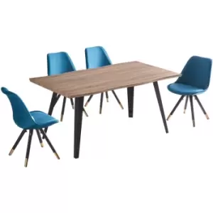 Image of 5 Pieces Life Interiors Sofia Rocco Dining Set - an Oak Rectangular Dining Table and Set of 4 Blue Dining Chairs - Blue