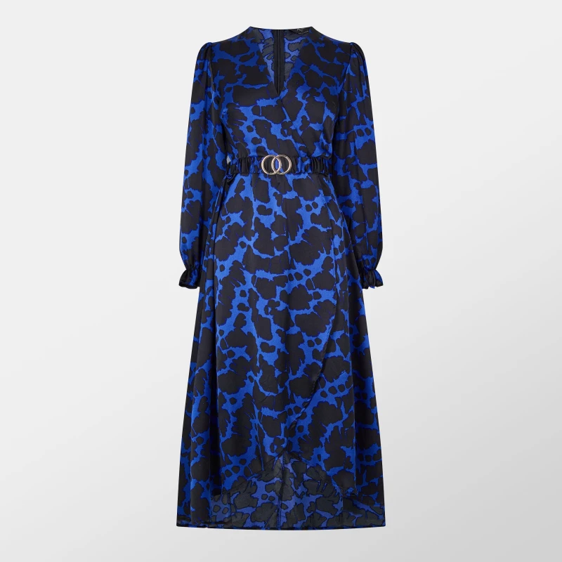 Image of AX Paris Paris Satin Belted Blue Wrap Midi Dress Blue 10