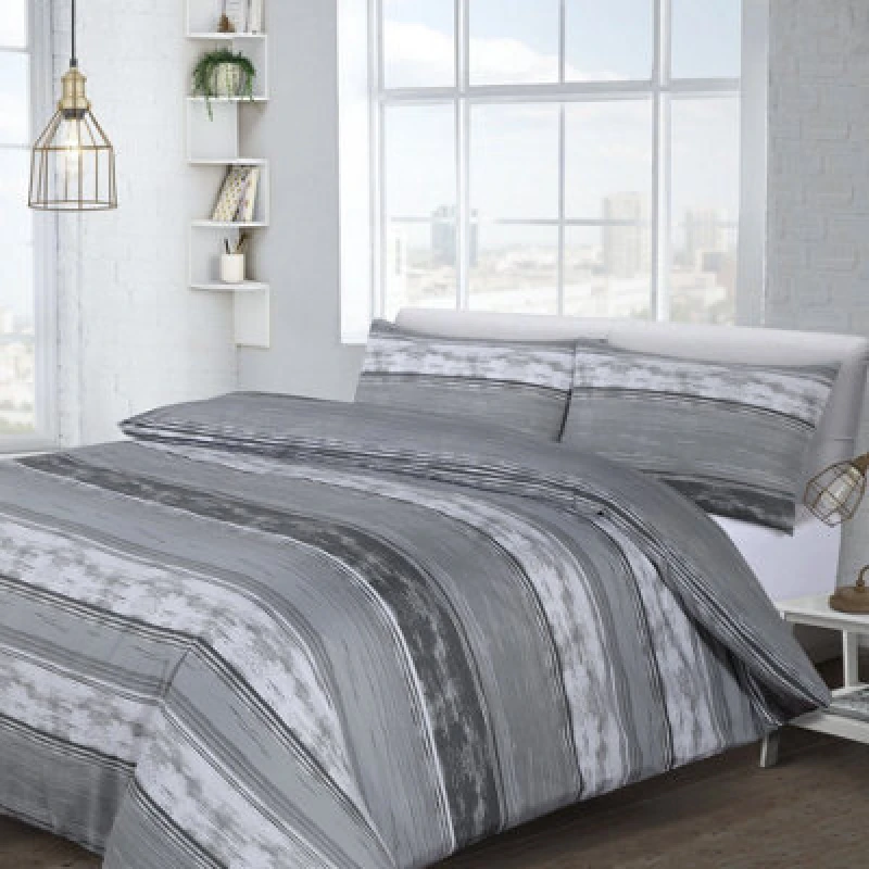 Image of Velosso Brooklyn Stripe Cotton Rich Printed Duvet Cover & Pillowcase Set in Grey Size: Double Grey Unisex Double