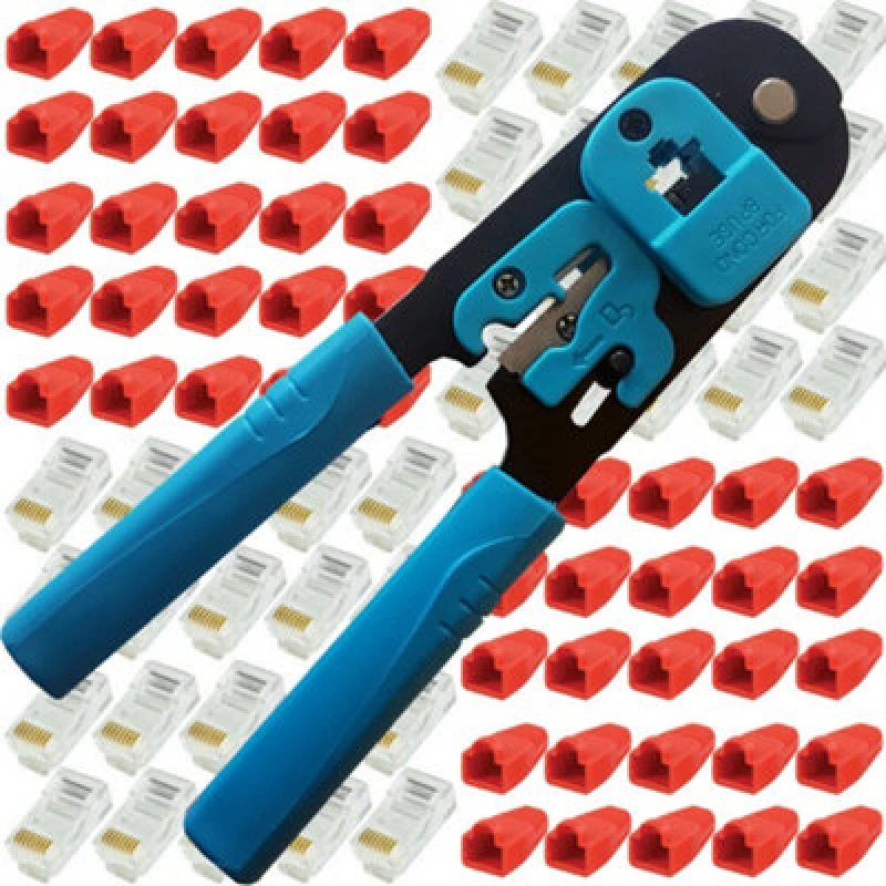 Image of Loops RJ45 Crimp Tool 100x CAT5e Connectors & Cable Strain Relief Network Jacks 8P8C Multi