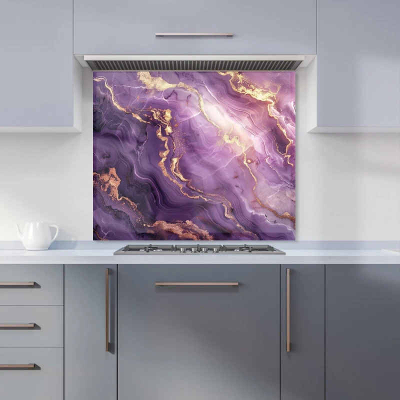 Image of Warren Reed - Designer Purple & Gold Marble Effect Kitchen Splashback in Blue Size: 600mm x 750mm Blue Unisex 600mm x 750mm