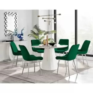 Image of Furniture Box Palma White Marble Effect Round Dining Table and 6 Green Pesaro Silver Chairs