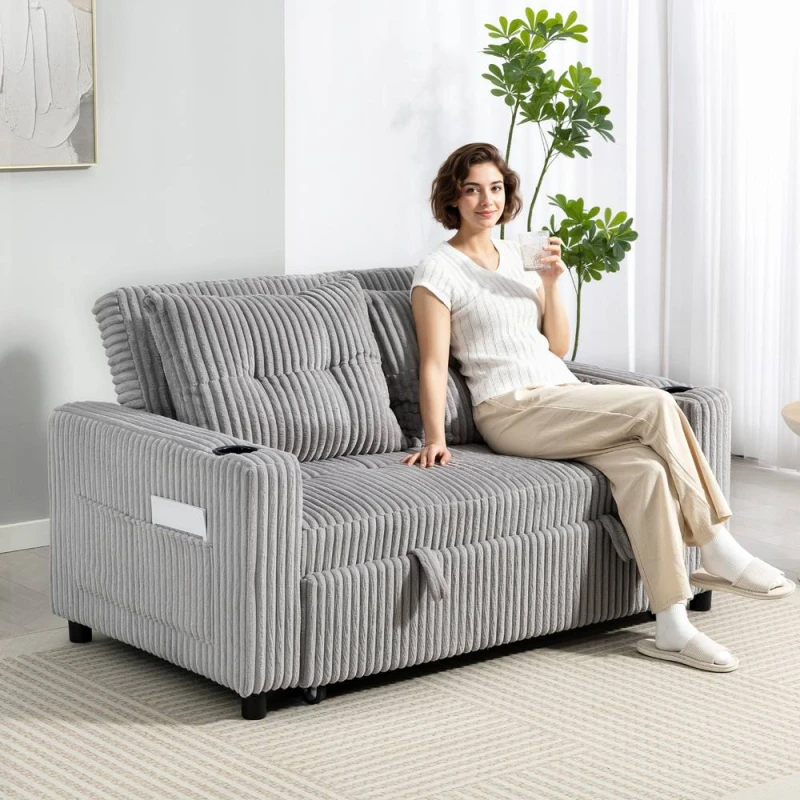 Image of HOMCOM 2 Seater Sofa Bed, Click Clack Pull Out Bed Settee, Light Grey Light Grey Unisex 2 Seater