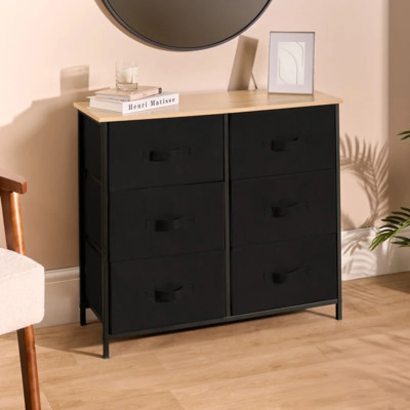 Image of OHS OHS Brooklyn 6 Chest of Canvas Drawers Storage Organiser with Wood Top in Black One Size Unisex 5027434234059