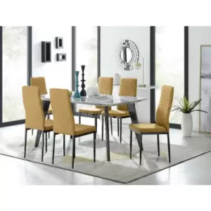 Image of Furniturebox Andria Black Leg Marble Effect Dining Table and 6 Mustard Velvet Milan Dining Chairs With Black Legs