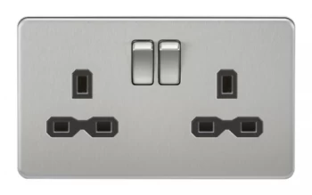 Image of KnightsBridge 2G DP 13A Screwless Brushed Chrome 230V UK 3 Pin Switched Electric Wall Socket - Black Insert