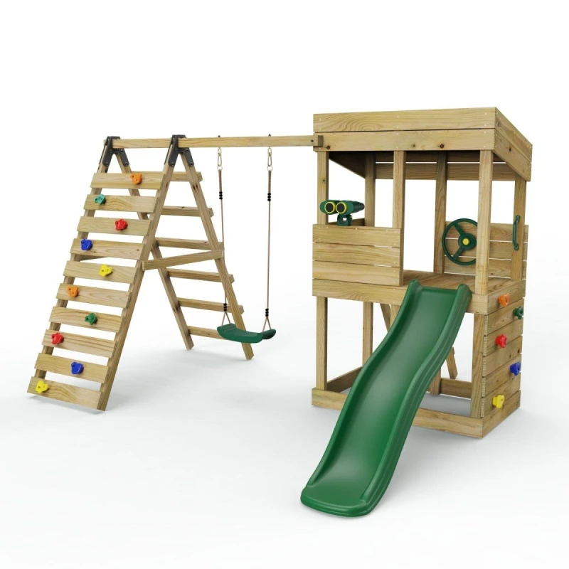 Image of OutdoorToys Rebo Wooden Garden Lookout Tower Playhouse with Swing & Climbing Wall plus 6ft Slide for Kids - Crest in Green Green Unisex