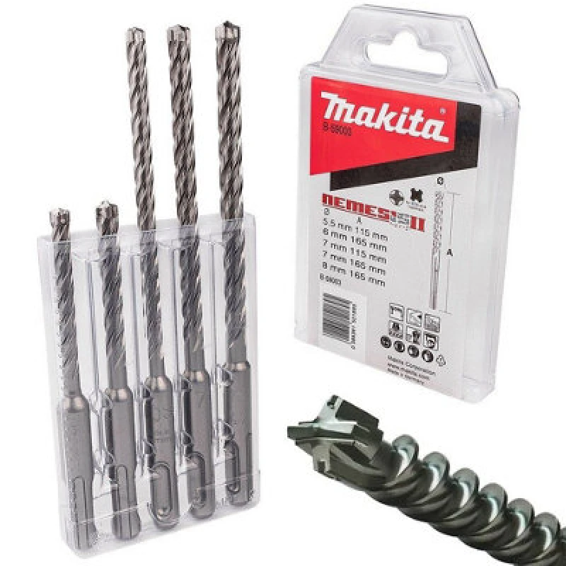Image of Makita B-59003 Nemesis 2 sds Plus 5 Piece Drill Bit Set - 5.5mm 6mm 7mm 8mm - Makita 0088381521895