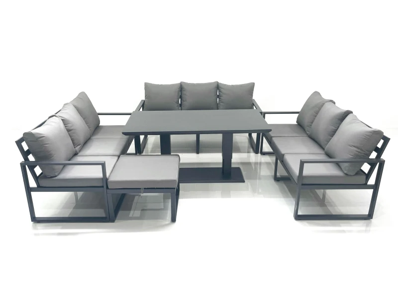 Image of Fimous 10 Seater Garden Sofa Set Aluminium Furniture Rising Dining Tabe Set with Big Footstool Dark Grey Dark Grey Unisex