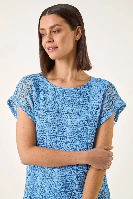 Image of Roman Womens Lace Overlay Stretch Top in Blue Size: 18 Blue Female 18