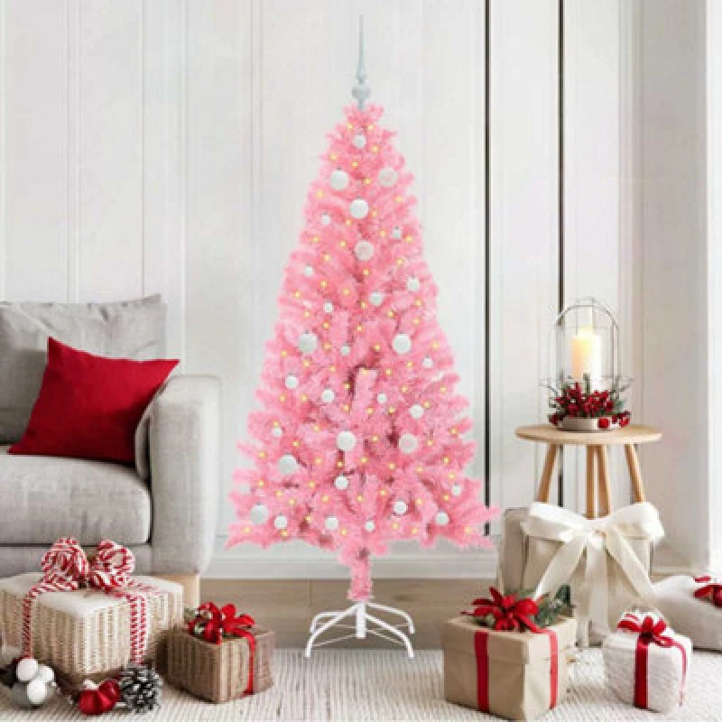 Image of vidaXL Christmas Tree with 150 LEDs, White Balls with Stand Pink 150cm PVC, Pink 3396419