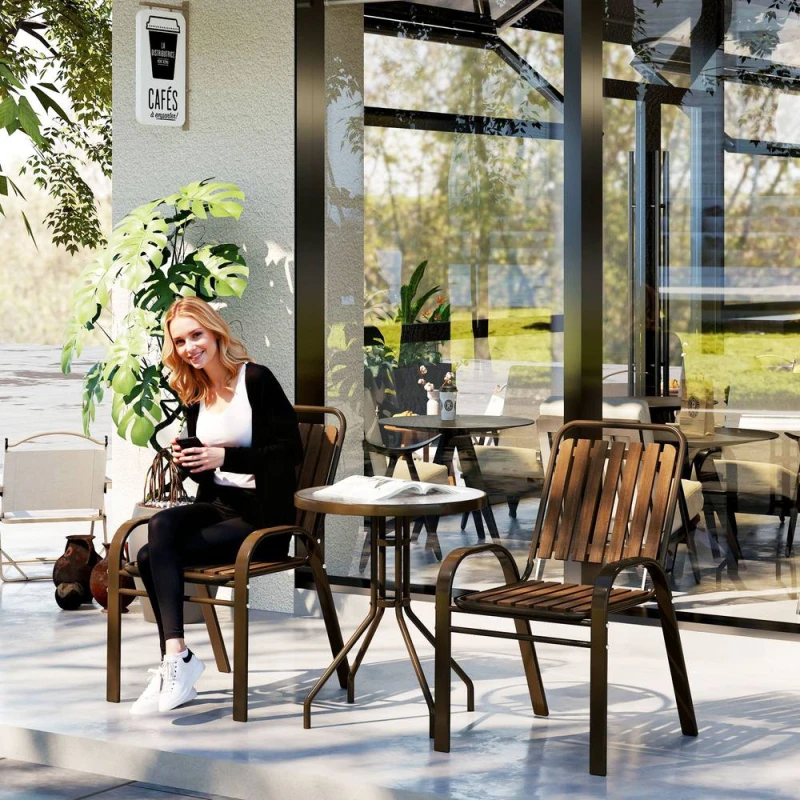 Image of OUTSUNNY Stackable Patio Bistro Set, 3 Pieces Garden Furniture Set, Brown in Dark Brown Dark Brown Unisex