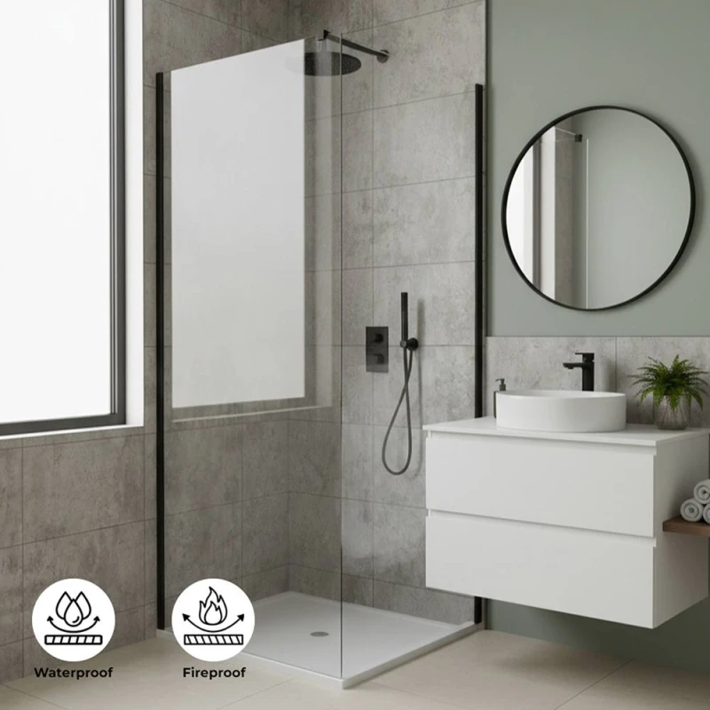 Image of ENER-J BRITWALL Concrete Brick Tile PVC Shower Panel - 2.4m x 1m x 10mm in Dark Grey Dark Grey Unisex