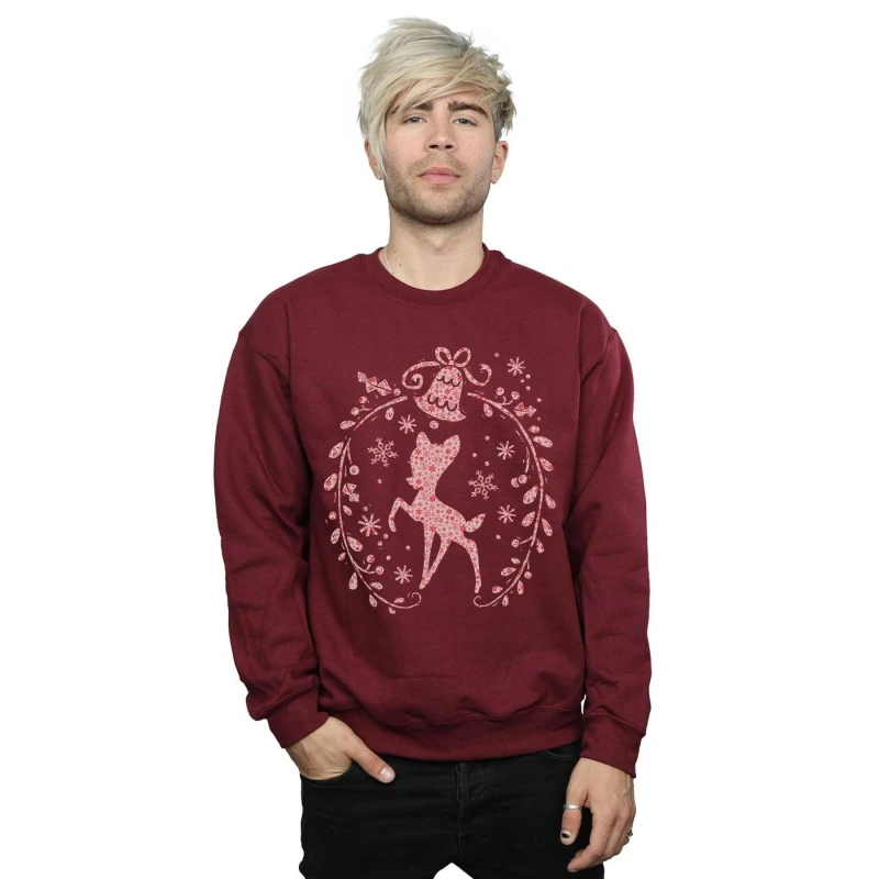 Image of Disney Men Bambi Christmas Wreath Sweatshirt in Burgundy Size: Small Burgundy S Male 5057245992817