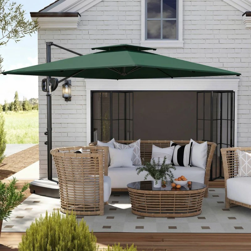 Image of OUTSUNNY Garden Cantilever Parasol w/ Weighted Base Tilt Crank Dark Green Green Unisex