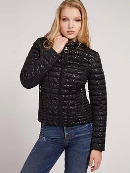 Image of Guess Fitted Logo Detail Padded Jacket - Black, Size S, Women