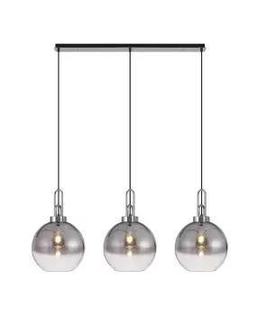 Image of Linear 3 Light Pendant E27 With 30cm Globe Glass, Smoked, Clear Polished Nickel, Matt Black