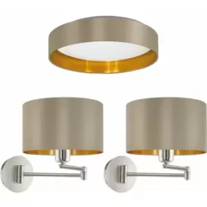 Image of Low Ceiling Light & 2x Matching Wall Lights Taupe & Gold Round Diffused Lamp
