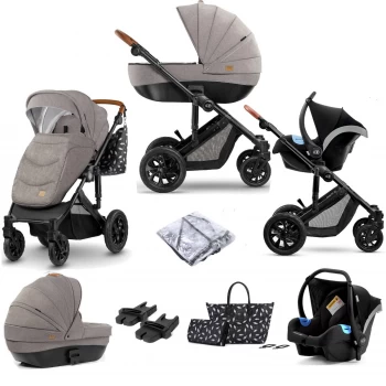 Image of Kinderkraft Prime 3in1 (Mink Car Seat) Travel System with Carrycot and Accessories - Beige