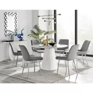 Image of Furniturebox Palma White Marble Effect 120cm Round Minimalist Dining Table & 6 Grey Pesaro Silver Leg Velvet Chairs