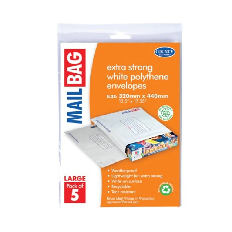 Image of County Stationery Mail Bag Envelopes Extra Strong Polythene 10x5 Large 320x440mm White (50 Pack) C262