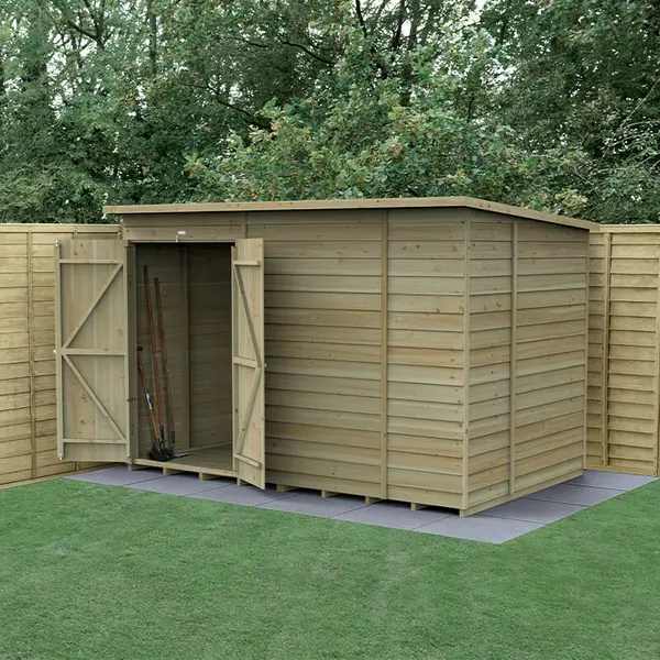 Image of 10' x 6' Forest 4Life 25yr Guarantee Overlap Pressure Treated Windowless Double Door Pent Wooden Shed (3.11m x 2.04m)