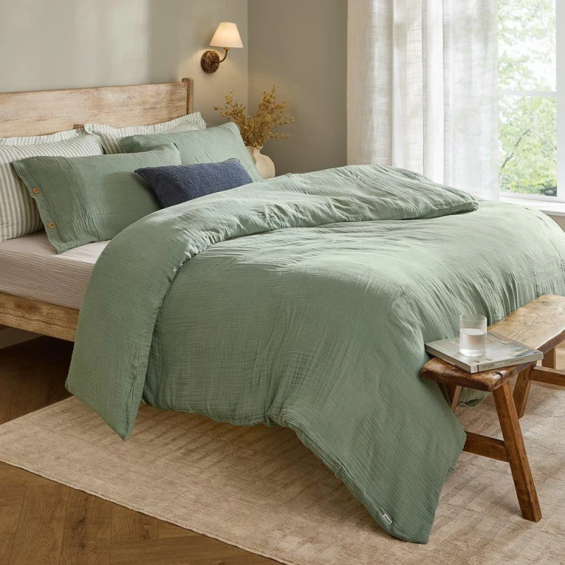 Image of Lark Cotton Muslin Duvet Cover Set Eucalyptus, Eucalyptus / Single