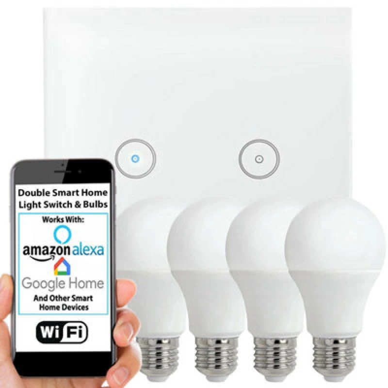 Image of Loops WiFi Light Switch & Bulb 4x 10W E27 Cool White Lamp & Double Wireless Wall Plate White