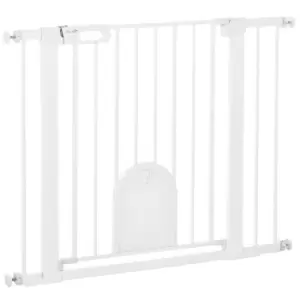 Image of PawHut Dog Gate with Cat Flap Pet Safety Gate Barrier, Stair Pressure Fit, Auto Close, Double Locking, for Doorways, Hallways, 75-103cm White