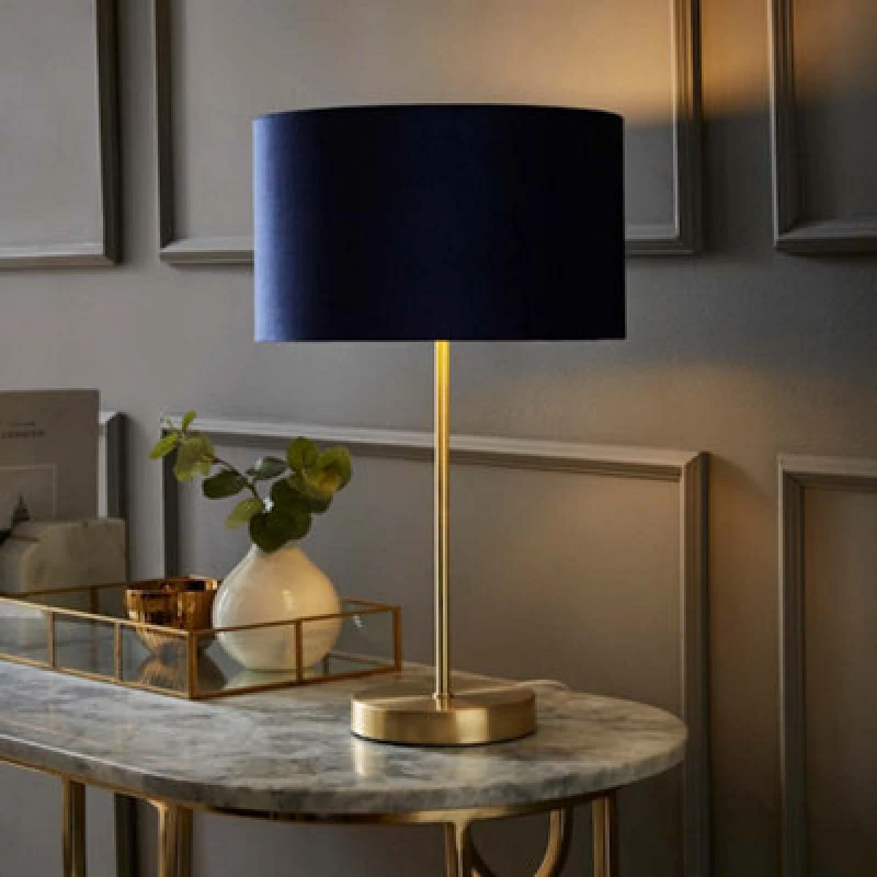 Image of ValueLights ValueLights Charlie Gold Stem Table Lamp with Velvet Drum with Gold Inner Lamp Shade in Dark Navy Dark Navy One Size Unisex 5059406060670
