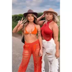 Image of I Saw It First Burnt Orange Halterneck Tassel Crop Top Co-Ord - Orange