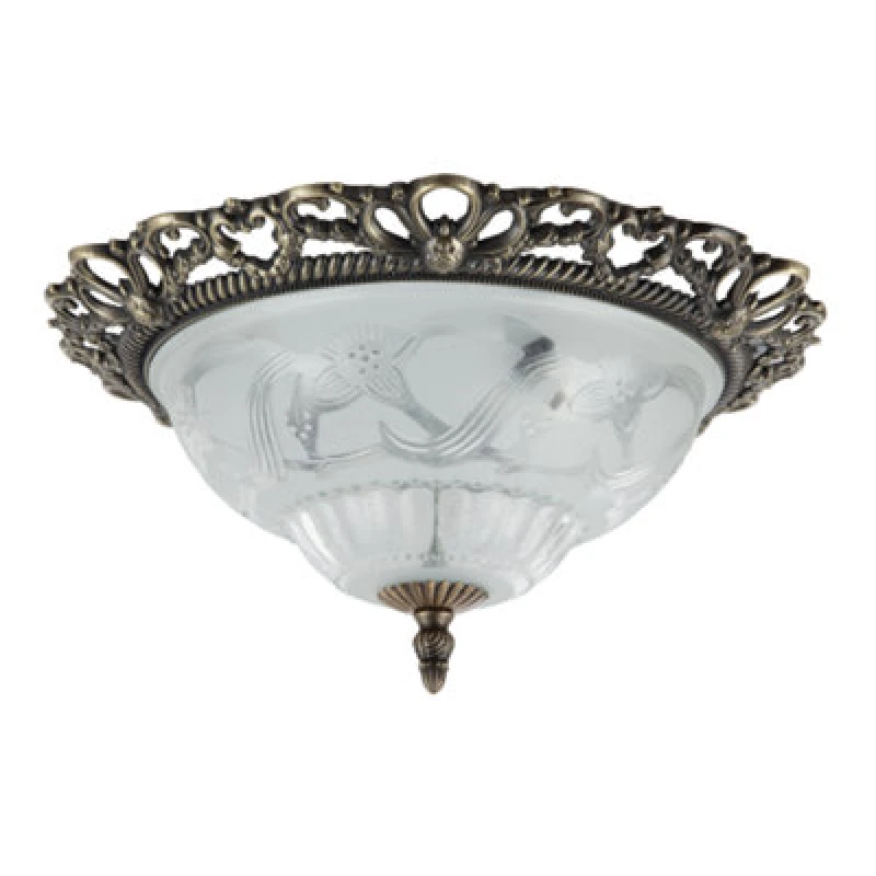 Image of Happy Homewares Traditional And Classic Antique Brass And Floral Glass Flush Ceiling Light