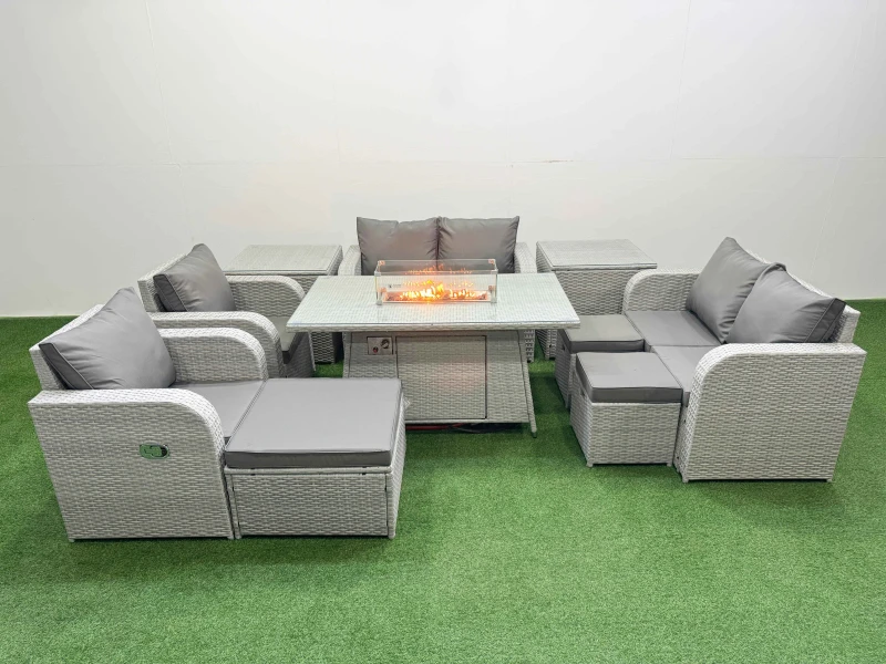 Image of Fimous 9 Seater Outdoor Reclining Chair Love Sofa Set Rattan Garden Furniture Set with Firepit Dining Table 3 Stools 2 Side Table Light Grey Light Gre