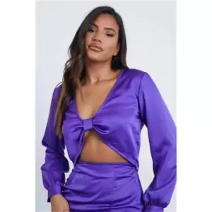 Image of I Saw It First Purple Satin Knot Front Crop Top - Purple