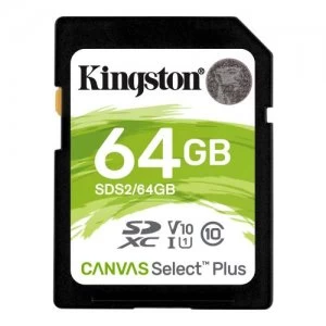 Image of Kingston Canvas Select Plus C10 UHSI SDXC Class 10 UHS-I 4K 100MBs 64GB SD Card
