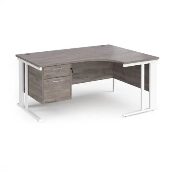Image of Maestro 25 right hand ergonomic desk 1600mm wide with 2 drawer pedestal - white cable managed leg frame, grey oak top