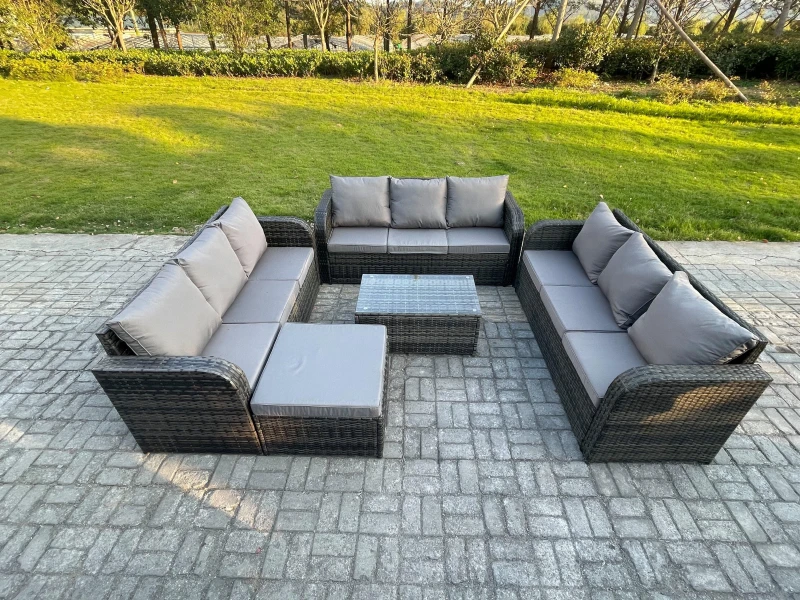 Image of Fimous Rattan Lounge Sofa Set 10 Seater Outdoor Garden Furniture Set with Rectangular Coffee Table 3 Seater Sofa Big Footstool Dark Grey