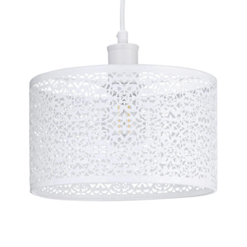 Image of Happy Homewares Ornate Moroccan Style Decorated White Gloss Metal Pendant Lamp Shade 25Cm X 15Cm