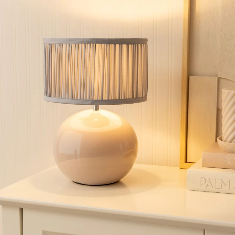 Image of ValueLights Bosco Stone Ceramic Table Lamp with Ruched Pleated Fabric Drum Lamp Shade Baby Blue