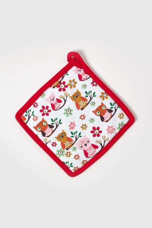 Image of Homescapes Red Owls Cotton Pot Holder Red unisex