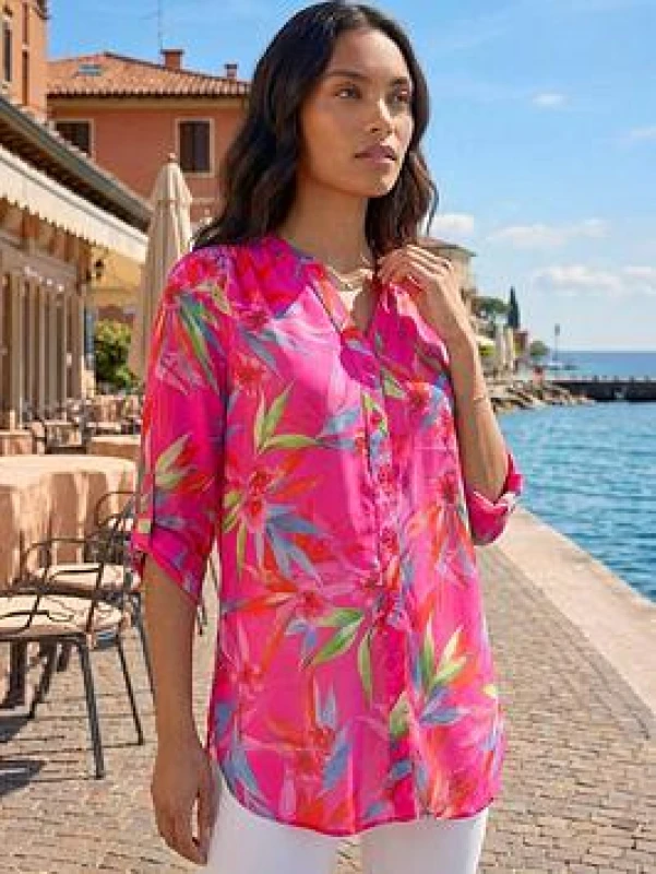 Image of Roman Floral Print Longline Blouse Cerise