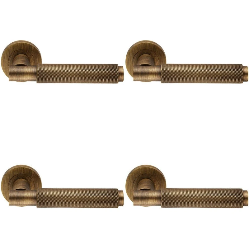 Image of Loops 4x PAIR Knurled Grip Round Bar Handle on Round Rose Concealed Fix Antique Brass Metallics