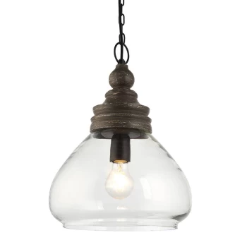 Image of Kerala 1 Light Ceiling Pendant Clear Glass & Taupe Grey Distressed Wood, E27