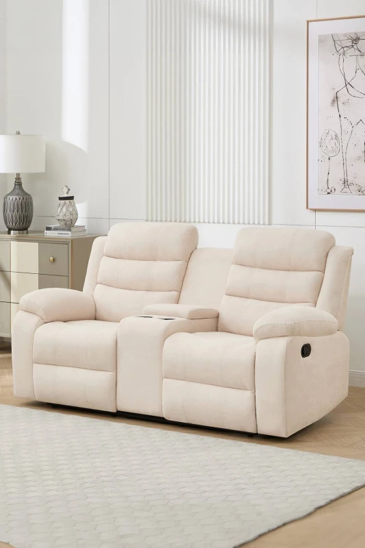 Image of More4Homes Boston 2 Seater Manual Recliner Sofa W Drinks Console (Beige)